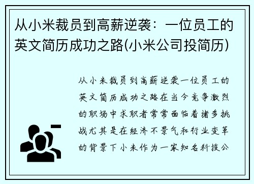 从小米裁员到高薪逆袭：一位员工的英文简历成功之路(小米公司投简历)