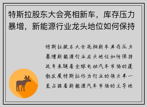 特斯拉股东大会亮相新车，库存压力暴增，新能源行业龙头地位如何保持？