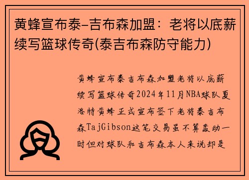 黄蜂宣布泰-吉布森加盟：老将以底薪续写篮球传奇(泰吉布森防守能力)