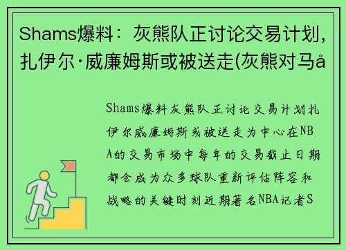 Shams爆料：灰熊队正讨论交易计划，扎伊尔·威廉姆斯或被送走(灰熊对马刺聚胜顽球汇)