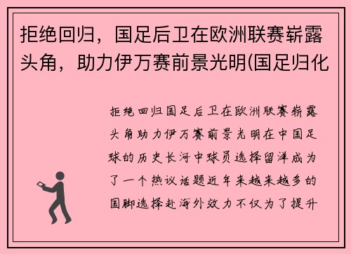 拒绝回归，国足后卫在欧洲联赛崭露头角，助力伊万赛前景光明(国足归化伊沃)