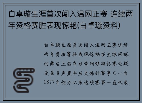 白卓璇生涯首次闯入温网正赛 连续两年资格赛胜表现惊艳(白卓璇资料)