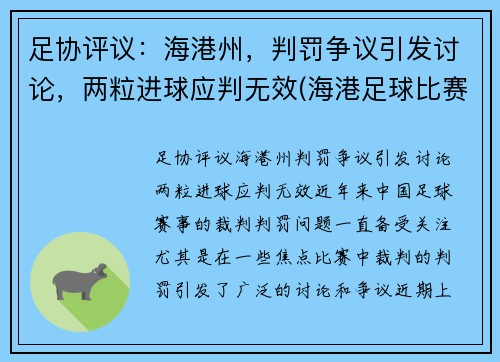 足协评议：海港州，判罚争议引发讨论，两粒进球应判无效(海港足球比赛直播)